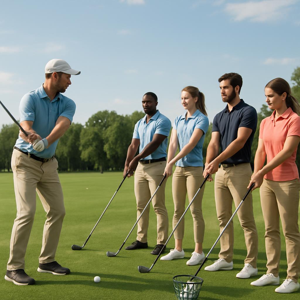 A group of golfers practicing their swing together on a green field with trees in the background.